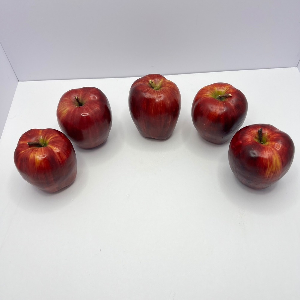 Hand Painted Red Faux Apples Set of 5 Vintage Paper Mache Realistic Fruit Decor